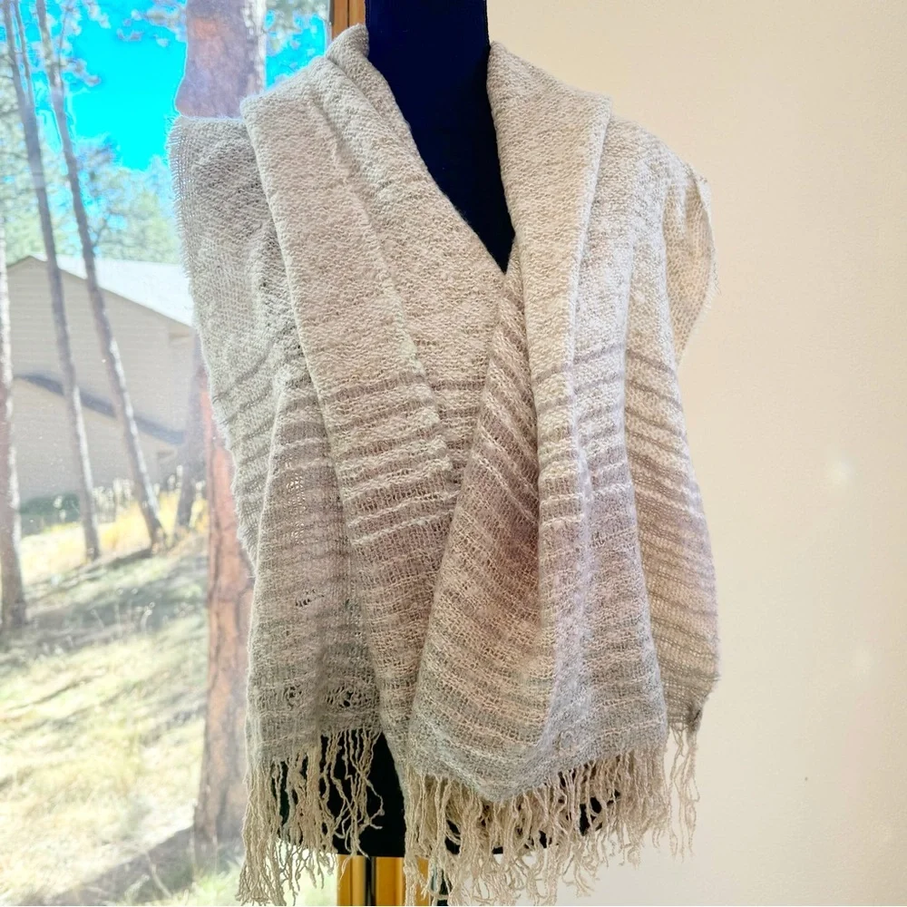 Vintage Merona Large Fringed Ombré Striped Pastel Blanket Scarf Beige Gray Tan